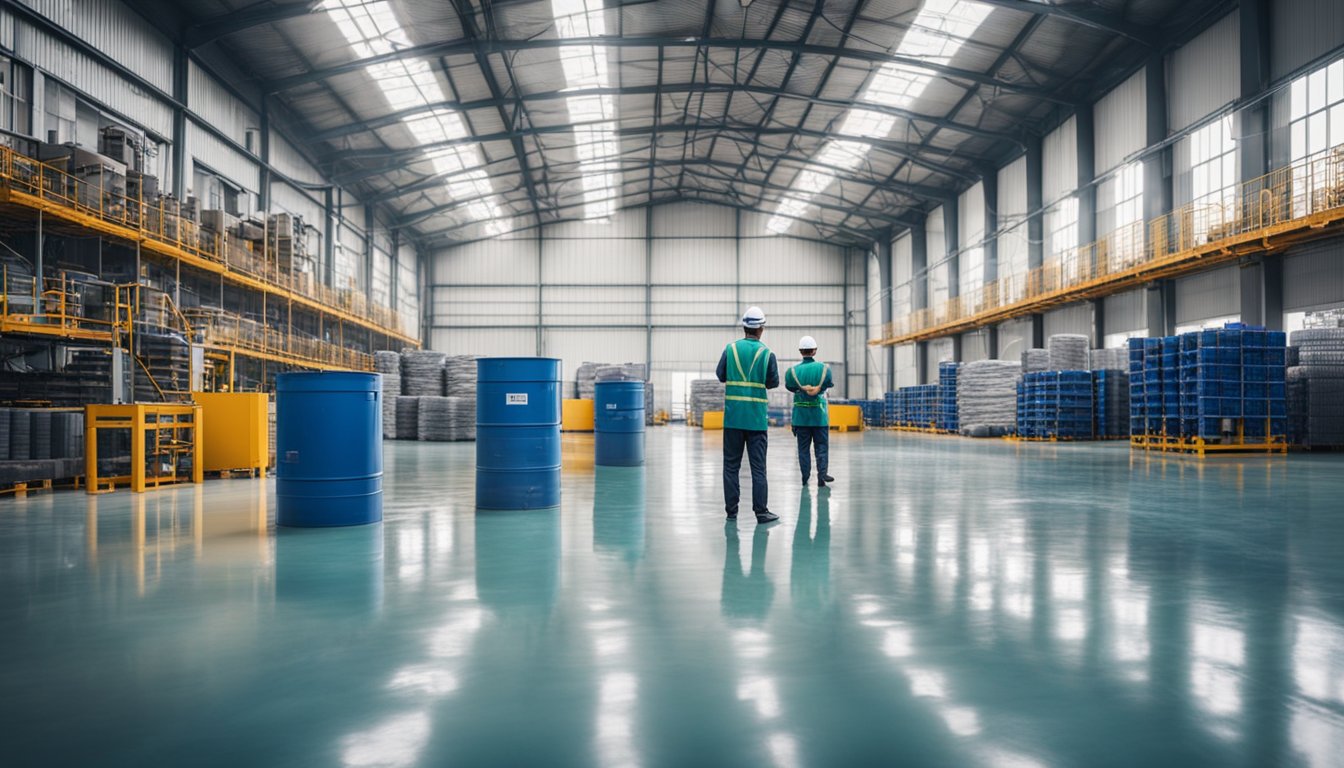A large industrial warehouse with epoxy floor paint manufacturing equipment and workers in Shanghai, China