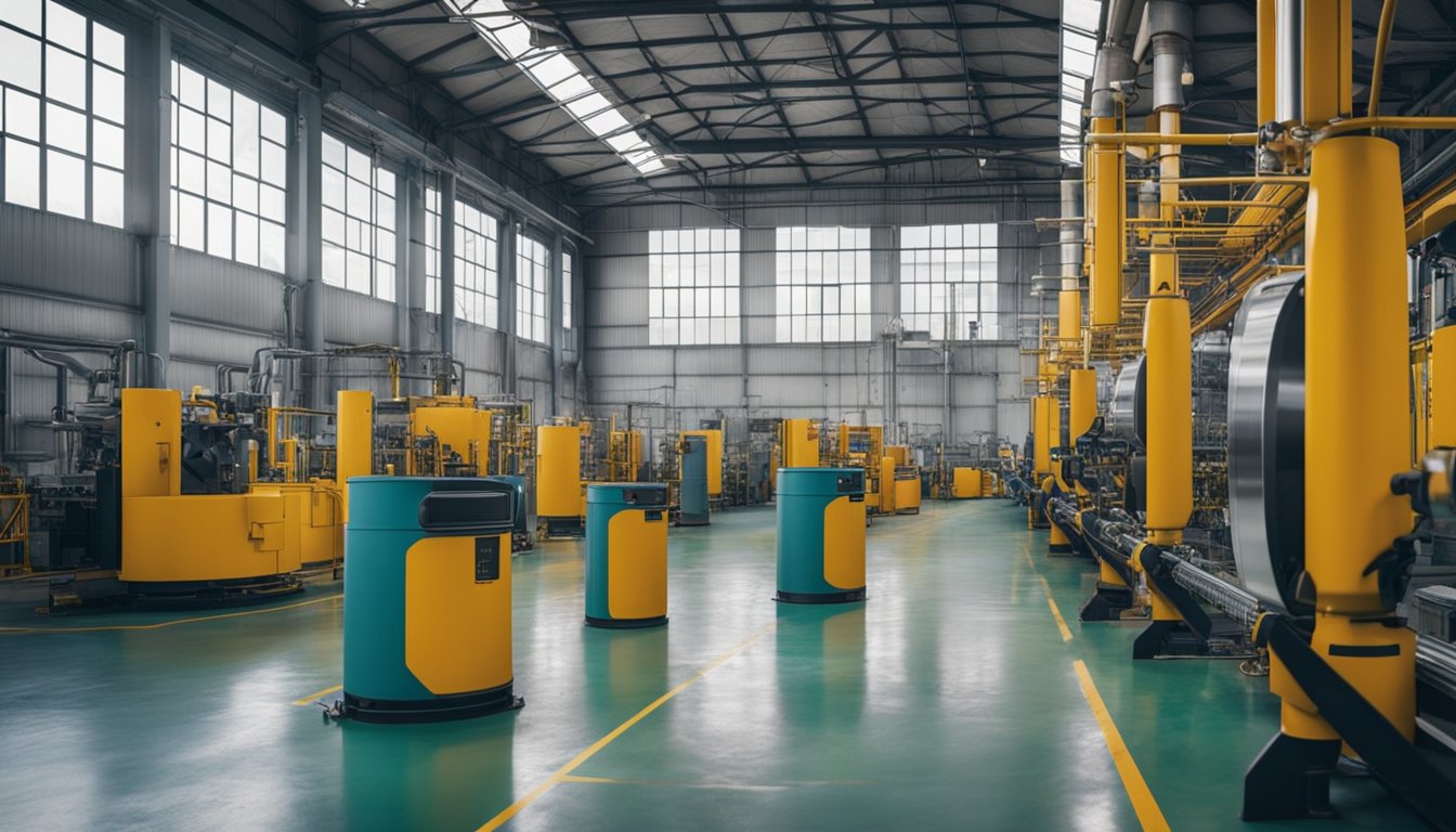 A spacious factory floor with large machines and barrels of colorful epoxy paint stacked against the walls