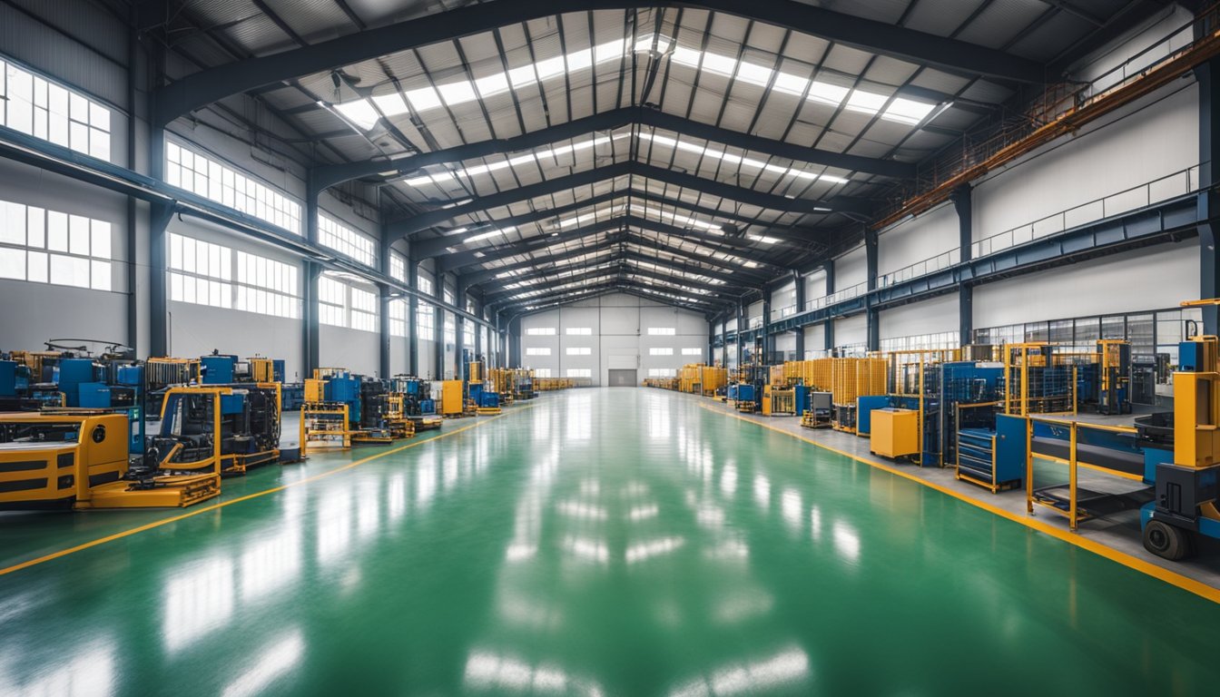 A large industrial warehouse with shiny epoxy-coated floors and machinery in Zhangjiagang, China