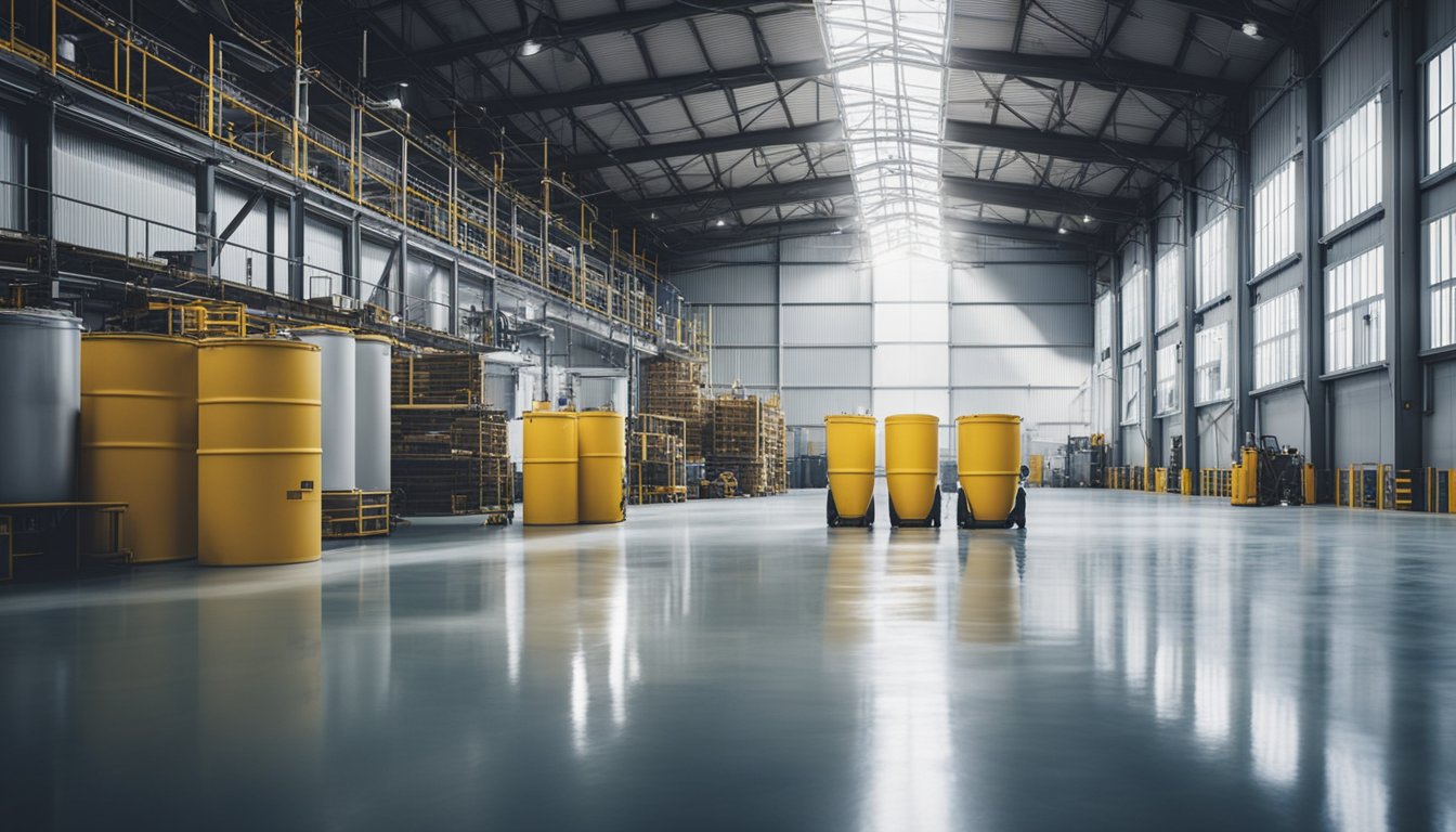 A spacious industrial warehouse with shiny, smooth epoxy-coated floors, large mixing vats, and workers in protective gear