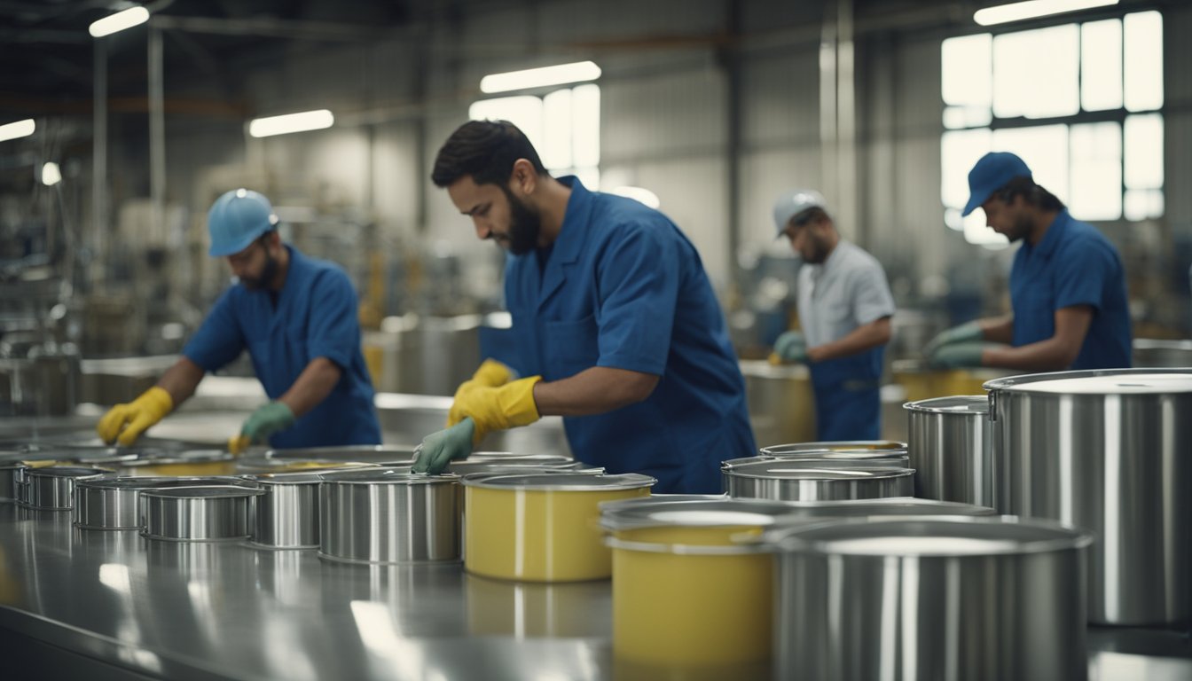 A busy factory floor with workers mixing and pouring epoxy paint into large vats, while others package and label the finished products for shipment
