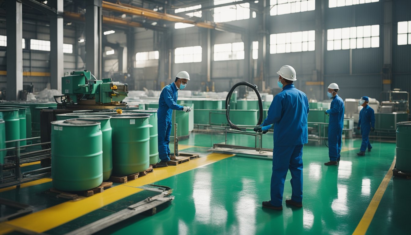 A group of workers in a Chinese epoxy floor paint factory, surrounded by large machinery and containers of chemicals, discussing frequently asked questions