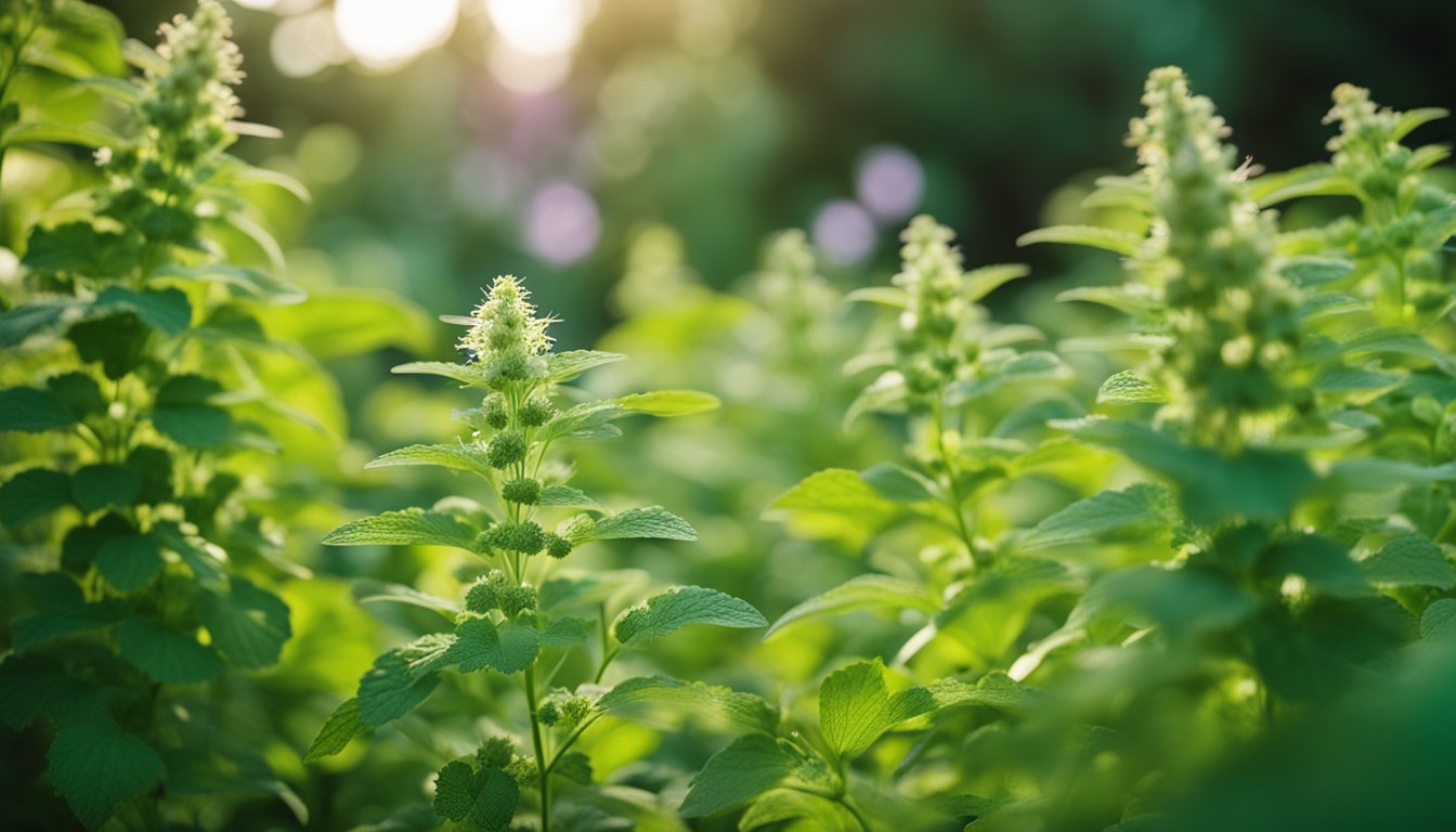 A lush garden with vibrant Catnip plants repelling bugs