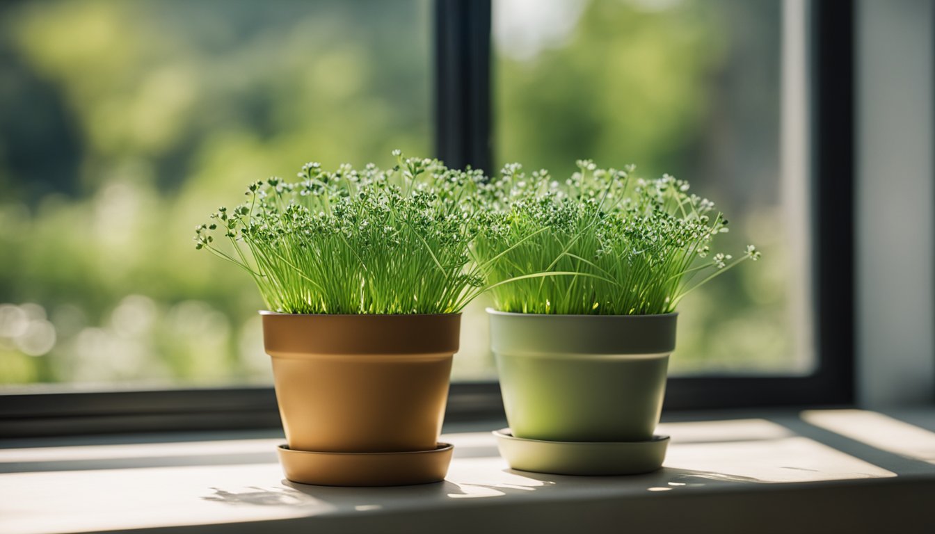 Healthy chive plants fill a pot on a sunny windowsill, showcasing their easy indoor cultivation