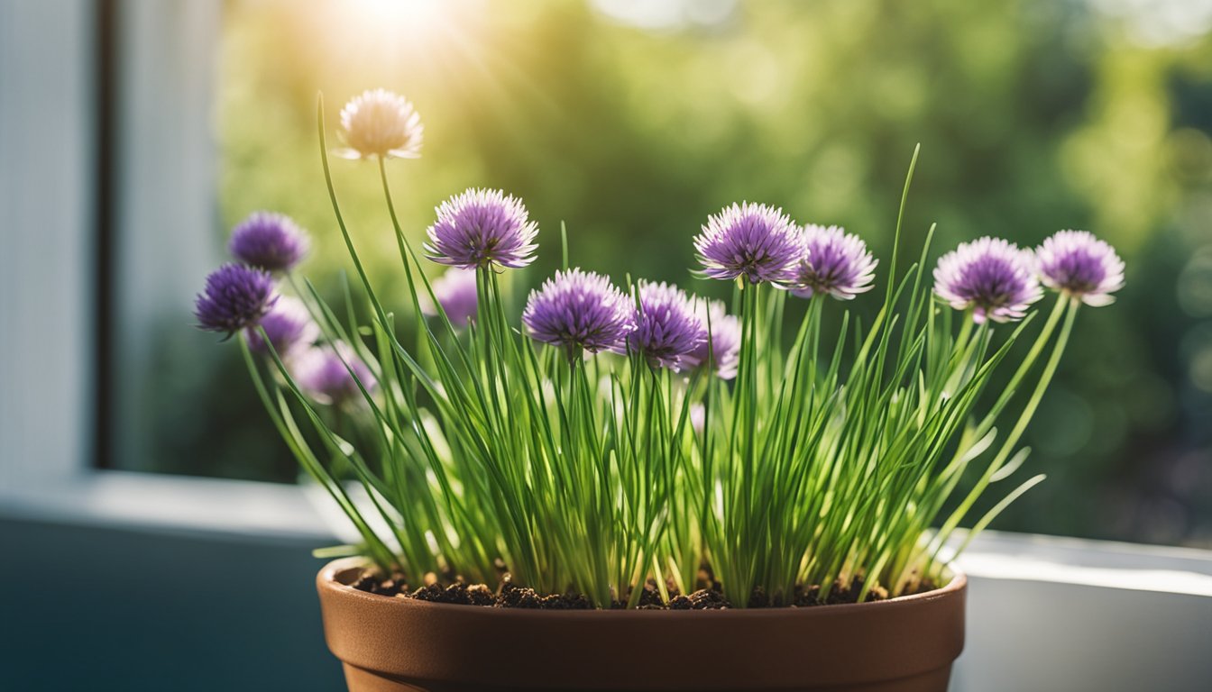 Healthy chive plants thrive in a sunny pot on a windowsill, showcasing their easy indoor cultivation