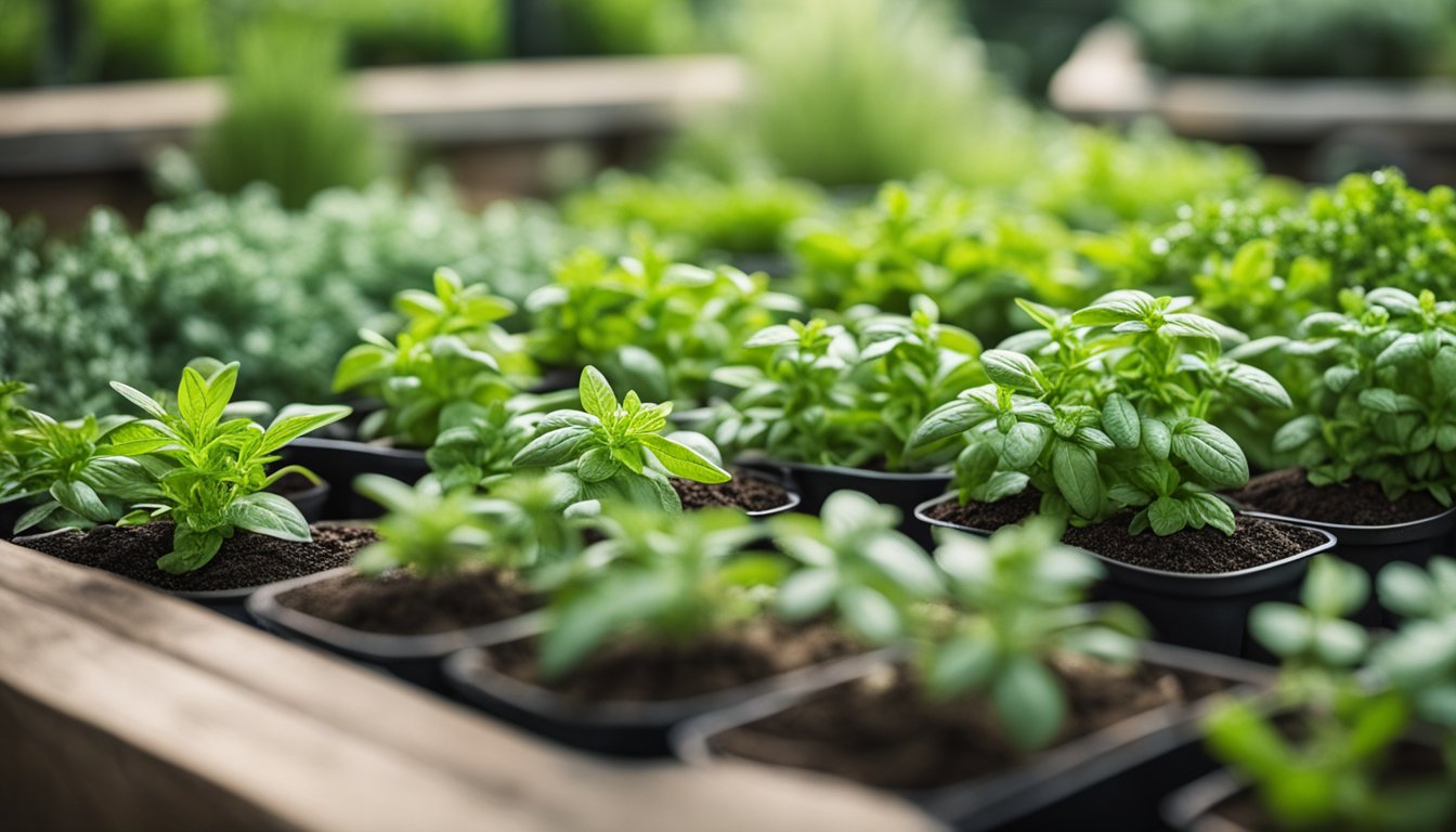 A well-organized herb garden, featuring basil, rosemary, thyme, and mint, laid out for optimal growth