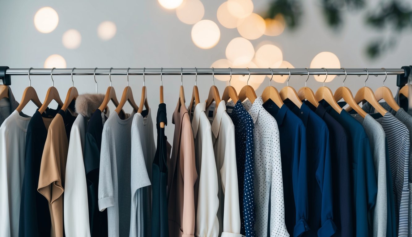 A woman's wardrobe with various mix and match casual work outfits laid out neatly on a clothing rack