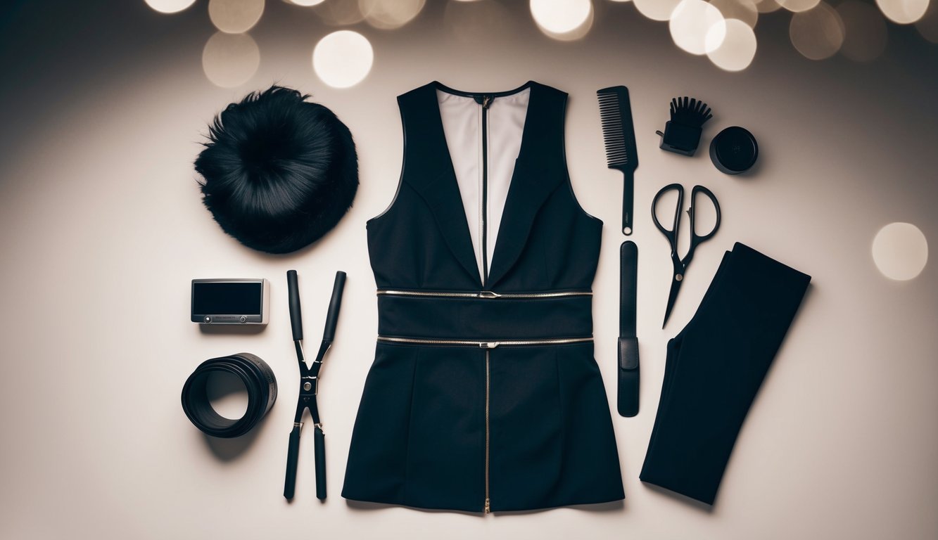 A woman's edgy work outfit laid out with bold accessories and styling tools