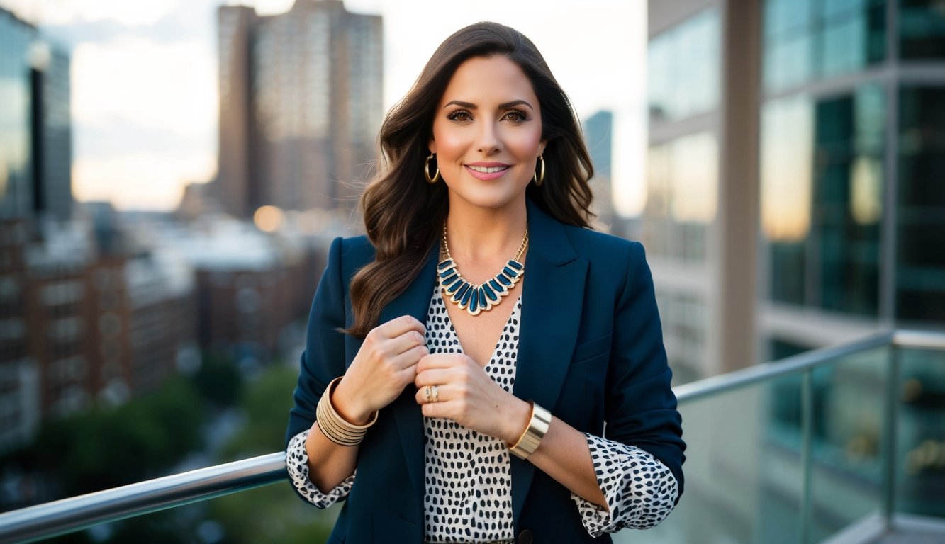 A stylish woman layering a blazer over a patterned blouse, adding a statement necklace and cuff bracelet