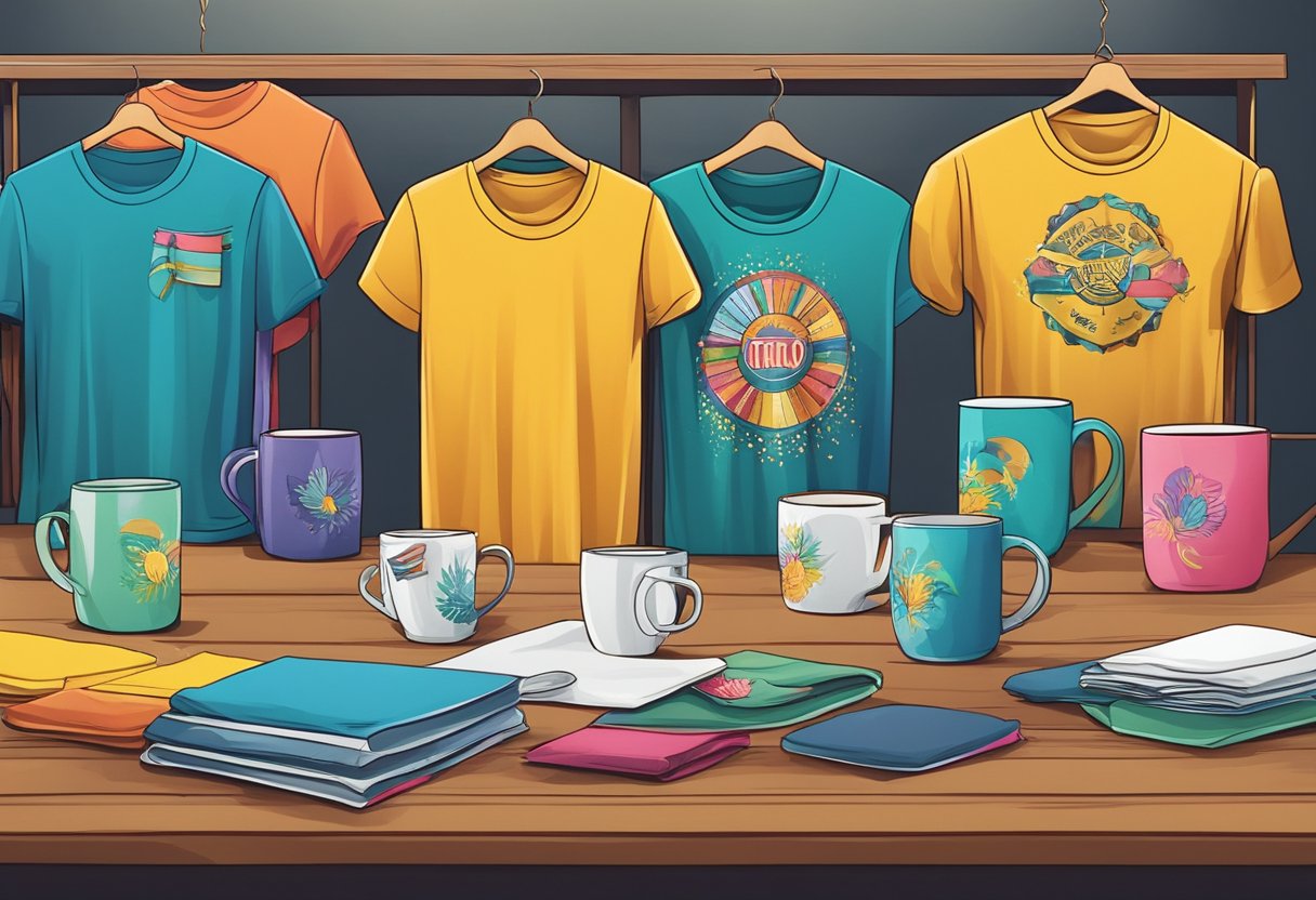 Uma exibição colorida de camisetas personalizadas e canecas em uma mesa