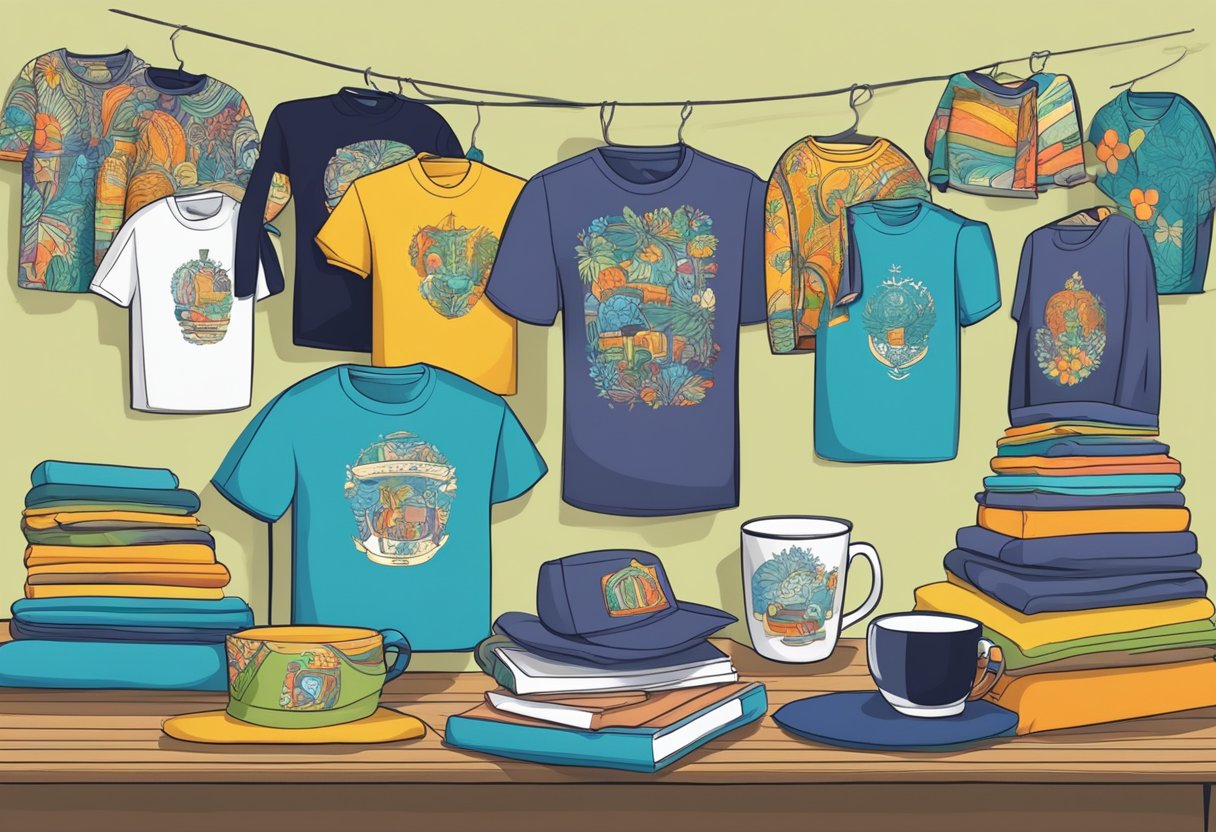 Uma variedade colorida de camisetas personalizadas e canecas dispostas em uma mesa de exibição, com vários designs e padrões que mostram as últimas tendências em presentes personalizados.