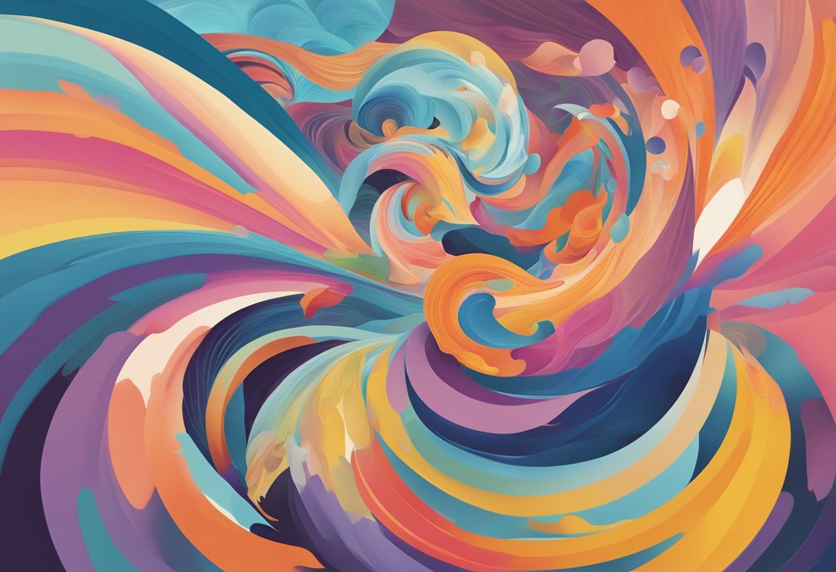 A figure surrounded by swirling, colorful gusts of wind, with various scents and flavors depicted as vibrant, floating shapes