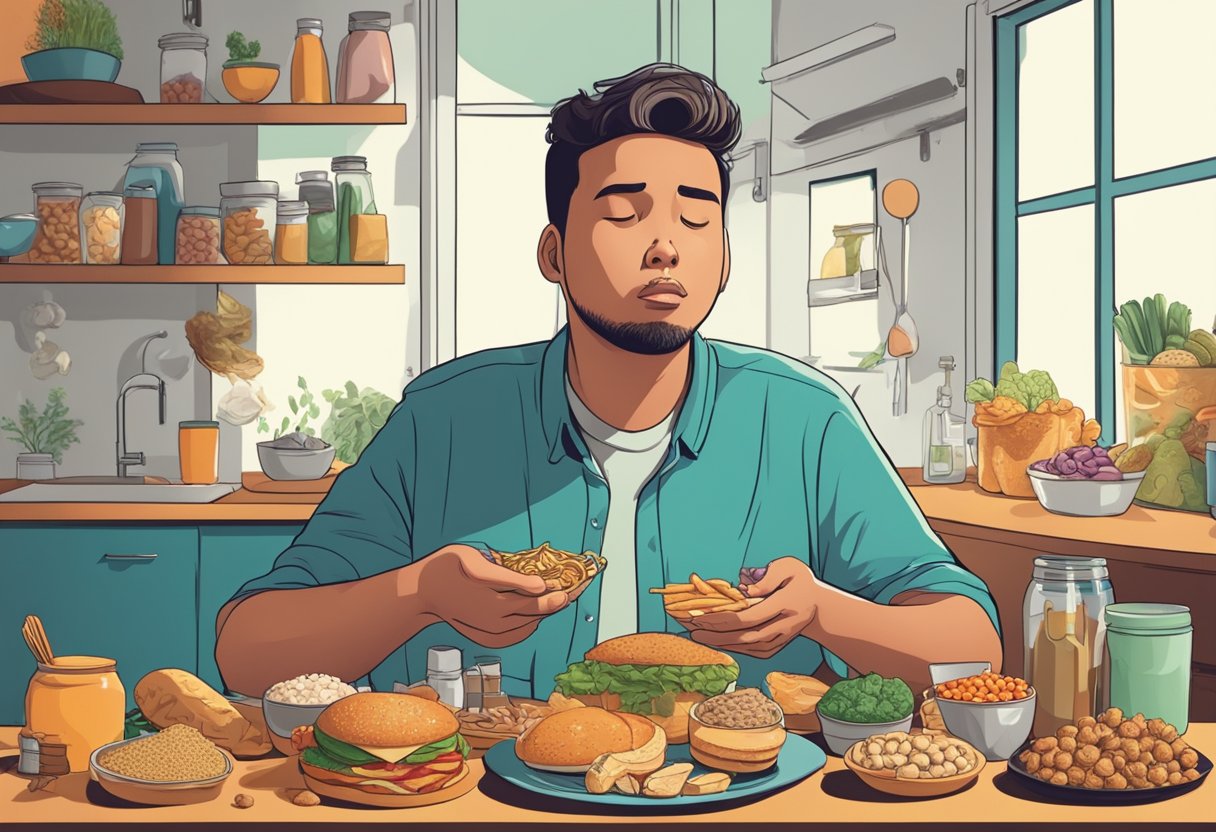 A person surrounded by various food items with a puzzled expression, as if they are tasting the air for answers