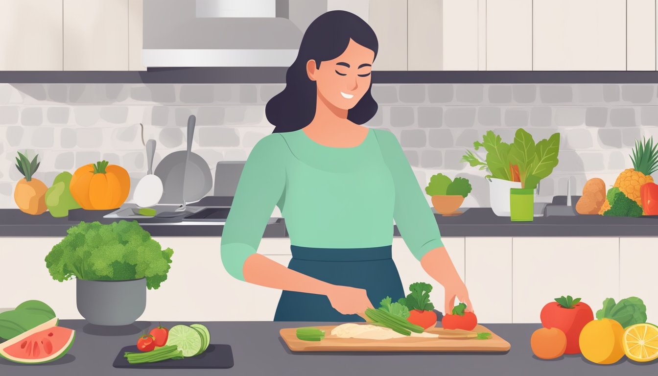 A person preparing a keto-friendly meal with fresh fruits and vegetables, avoiding trigger foods for rosacea