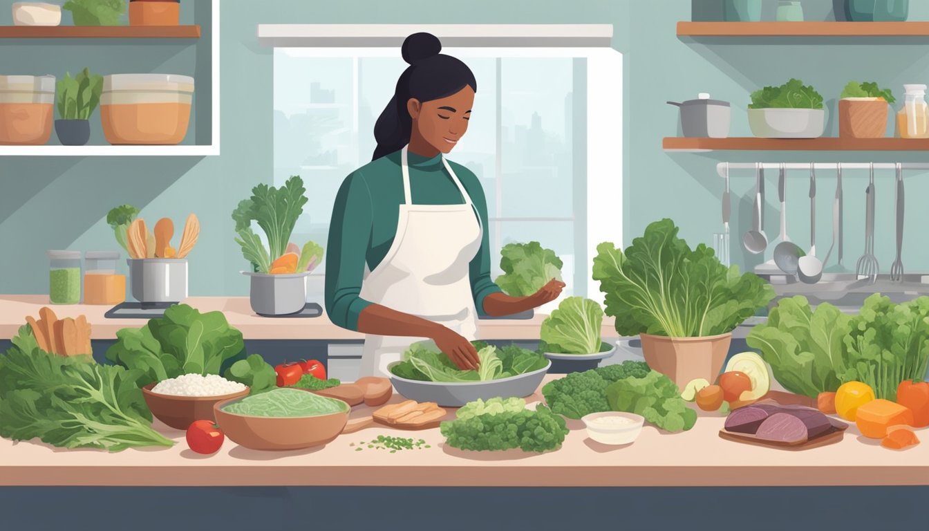 A person preparing keto-friendly, teeth-friendly foods like leafy greens and lean proteins in a clean, organized kitchen