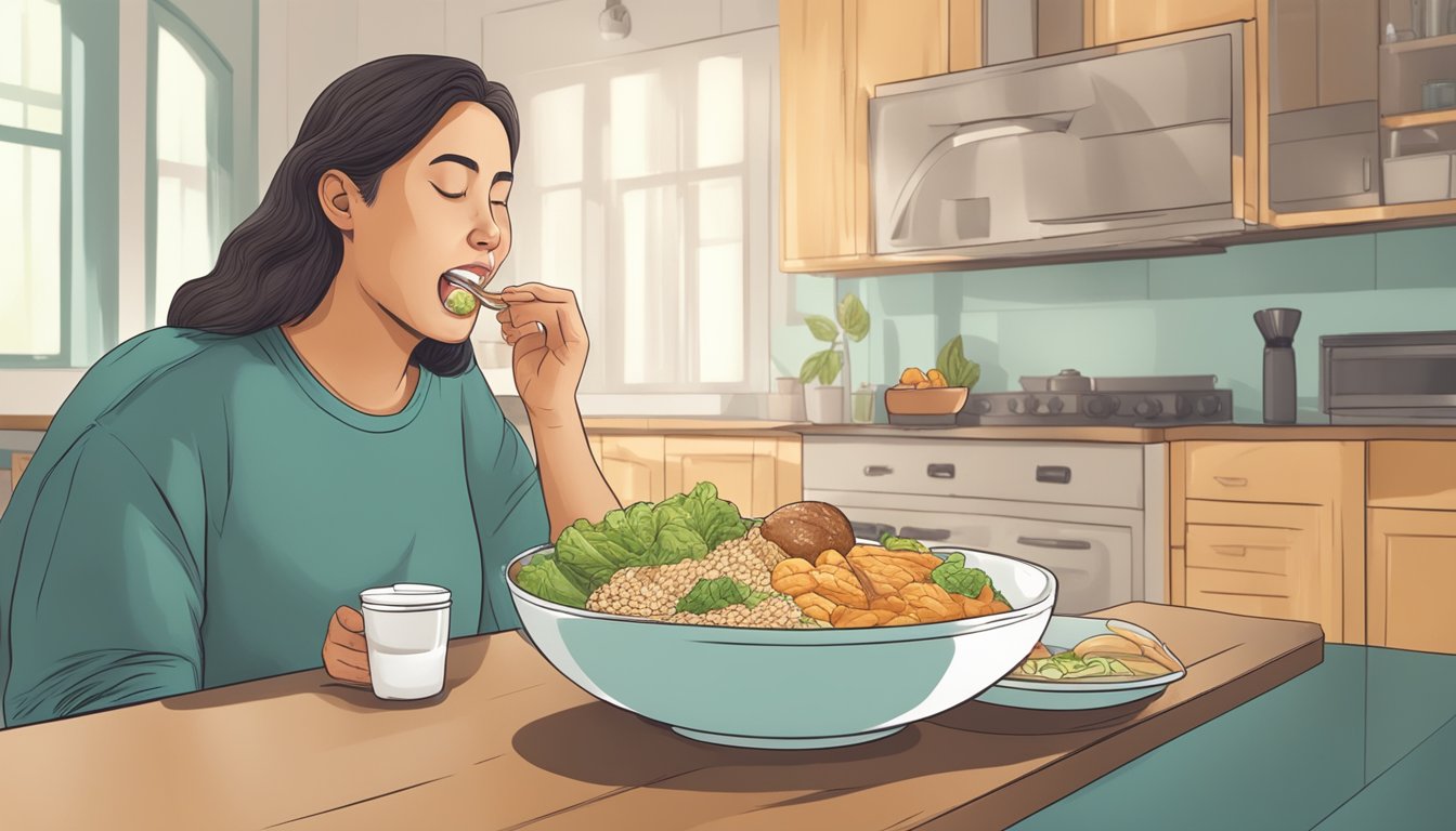 A person eating a high-fat, low-carb meal while experiencing tooth sensitivity and discomfort