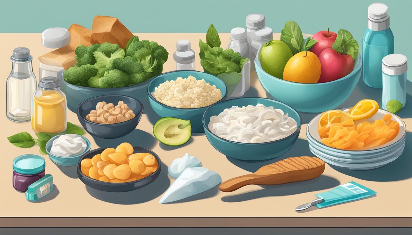 A table with keto-friendly foods and dental hygiene items