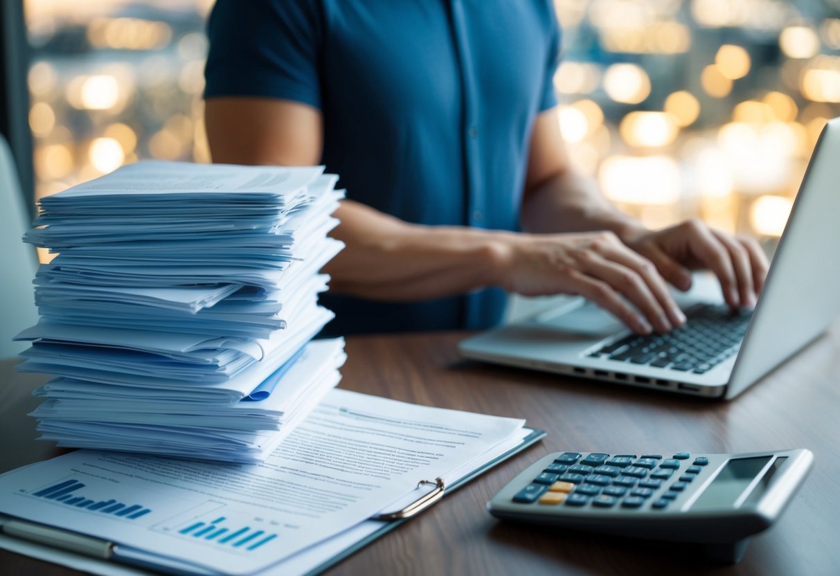 A person studying a stack of documents and regulations with a laptop and calculator on a desk