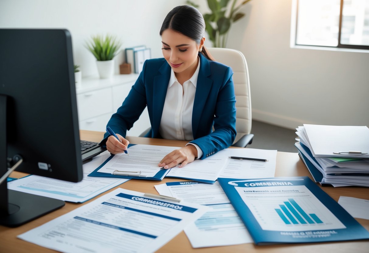 A person researching and filling out paperwork at a desk, surrounded by a computer, forms, and reference materials for the commercial real estate appraiser license application in California