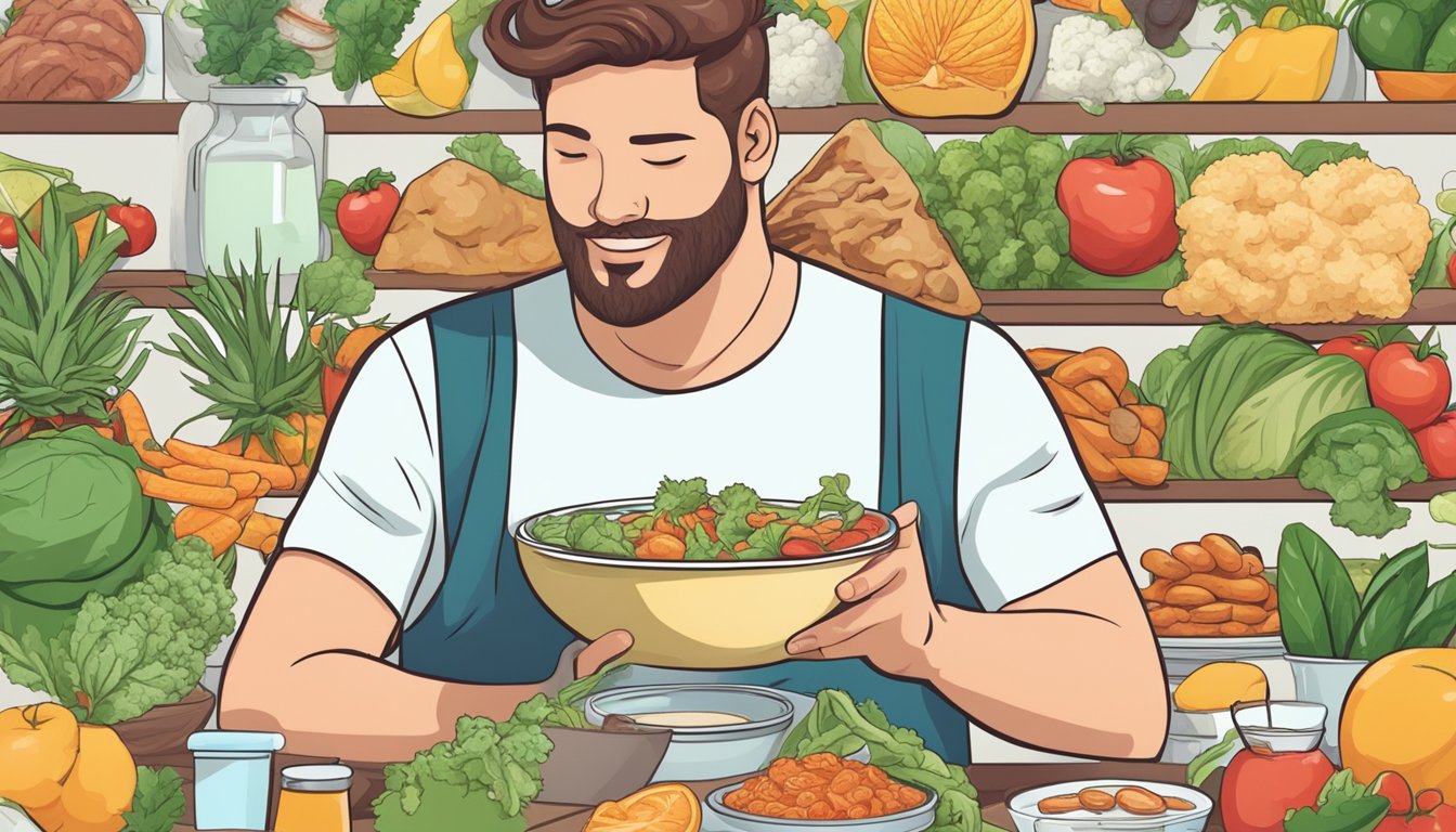 A person enjoying a variety of keto-friendly foods while avoiding acidic or spicy options to prevent exacerbating ulcers