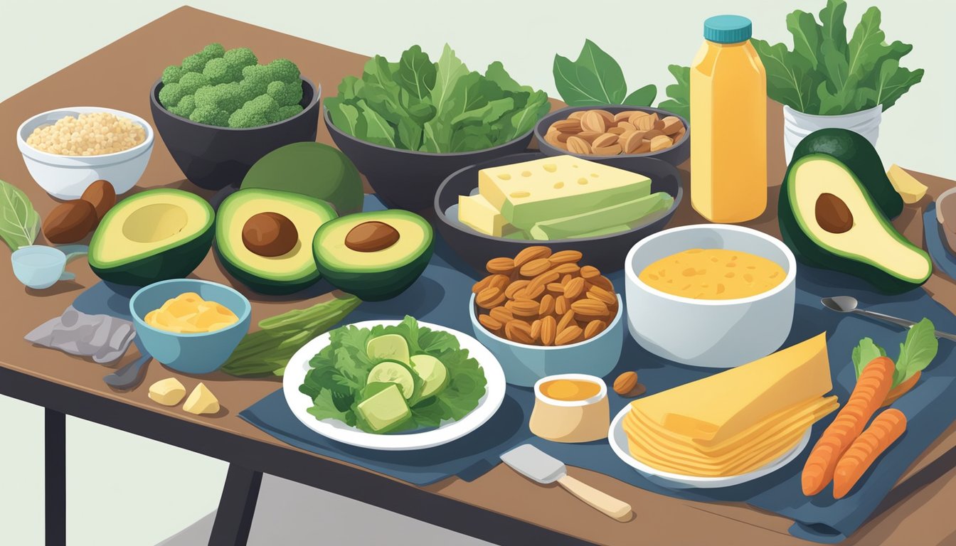 A colorful array of keto-friendly foods and alternatives arranged on a dorm room desk, including avocados, nuts, cheese, and leafy greens