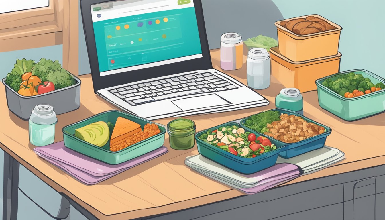 A colorful spread of keto-friendly foods and meal prep containers on a dorm room desk, with a laptop open to a meal planning website