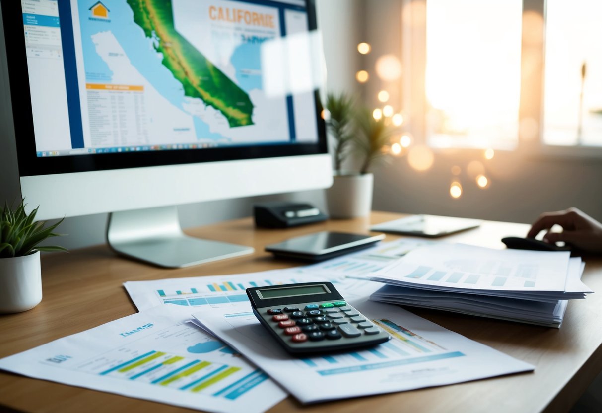 A desk with a computer, paperwork, and a calculator. A California map and real estate documents are scattered around