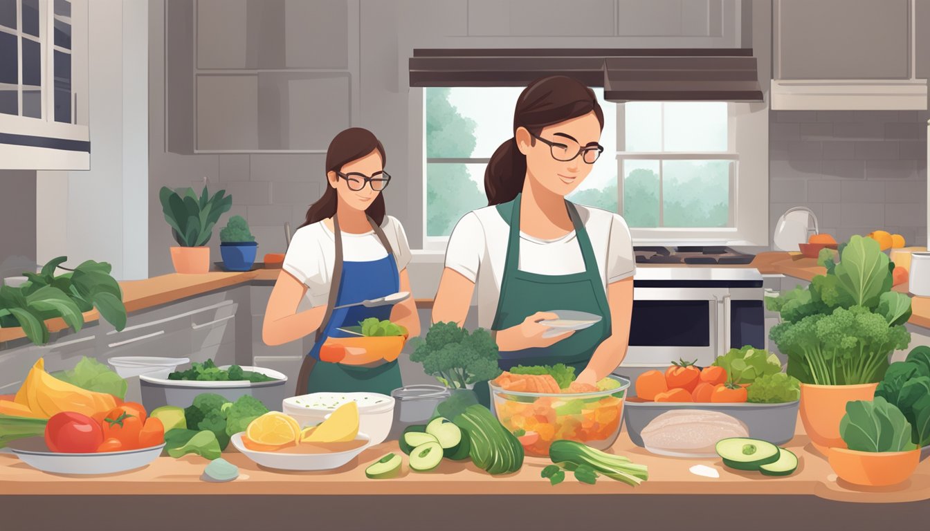 A college student preparing keto-friendly meals in a dorm kitchen, surrounded by textbooks and healthy ingredients