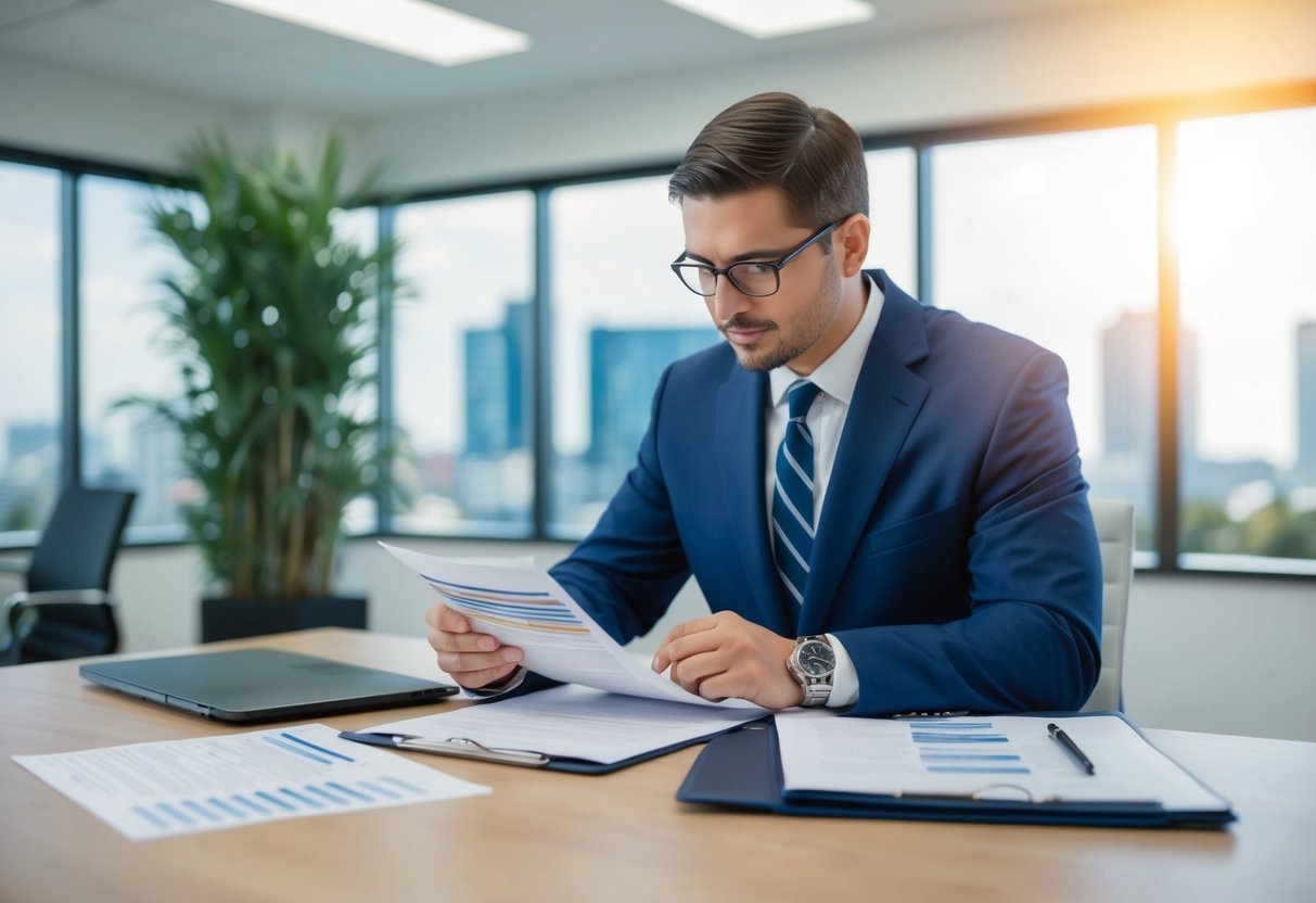 A commercial real estate appraiser studying a document with various fee schedules and certification requirements