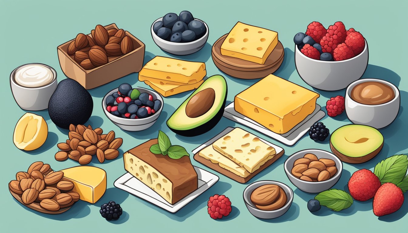 A variety of keto-friendly snacks and treats arranged on a table, including nuts, cheese, berries, and avocado