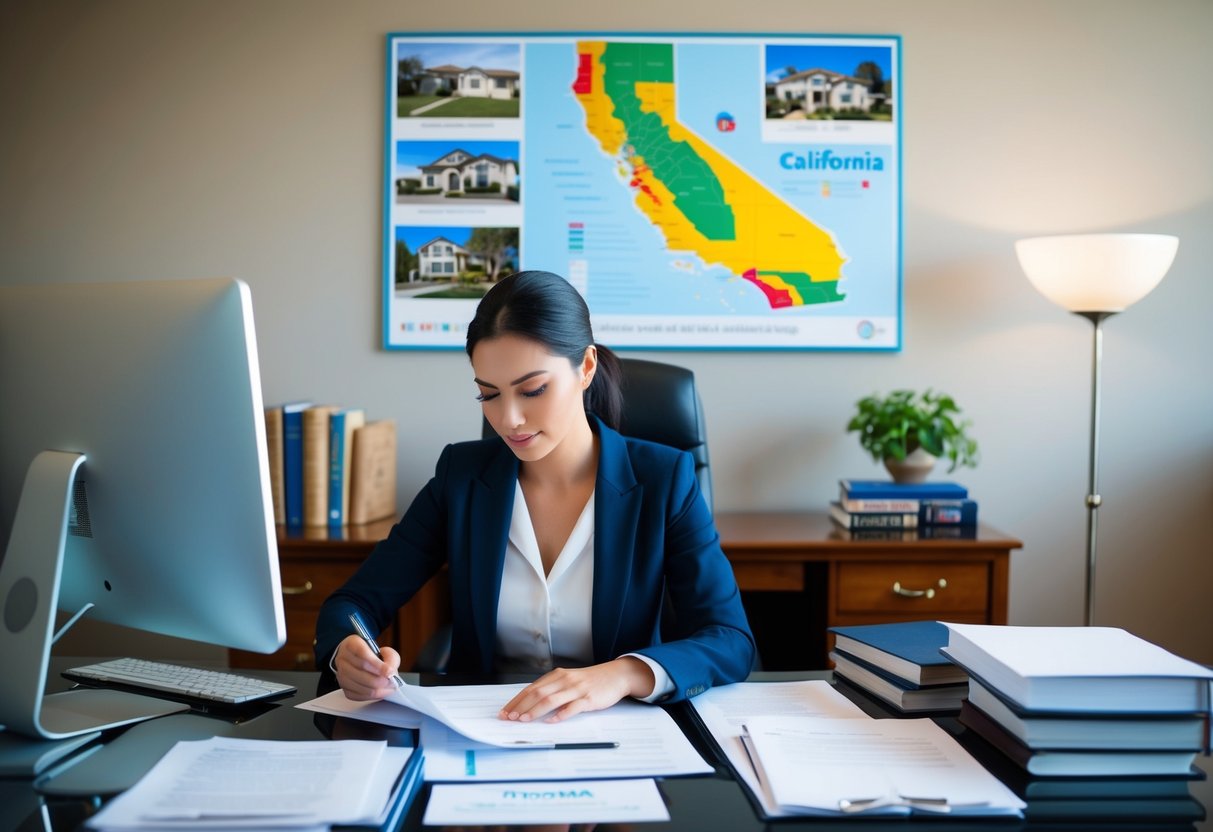 A person filling out forms at a desk with a computer, surrounded by books and paperwork. A California map and real estate images on the wall