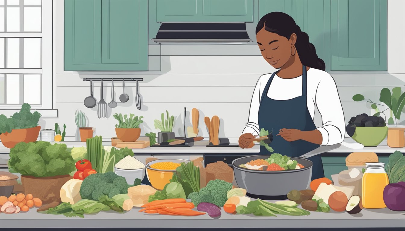 A person cooking keto-friendly foods while a diverse array of gut-friendly foods sit on the kitchen counter