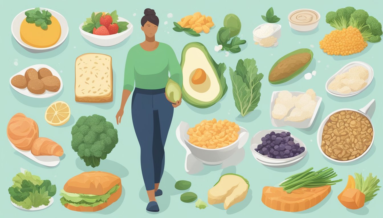 A person with SIBO weighs the benefits and risks of a keto diet, surrounded by images of low-carb foods and digestive discomfort