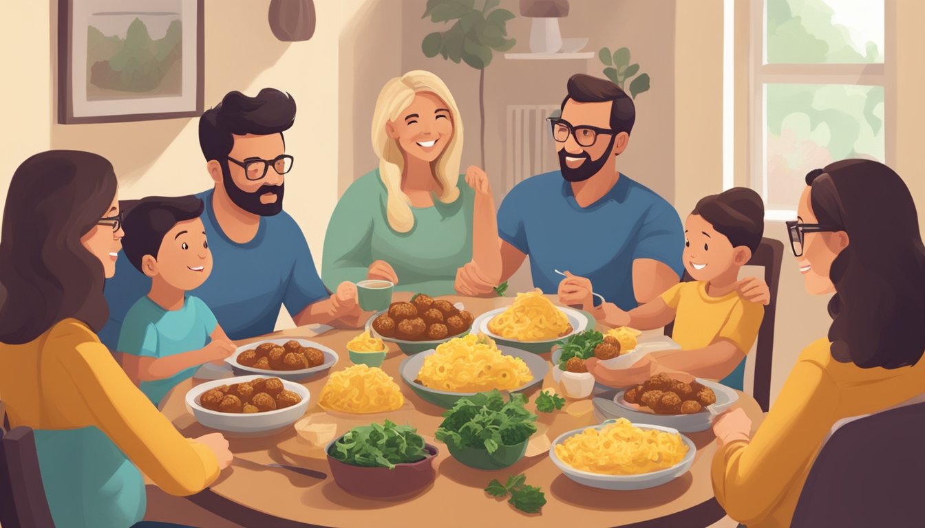 A family sitting around a table, enjoying a keto-friendly version of classic family favorites like spaghetti squash with meatballs and cauliflower mac and cheese