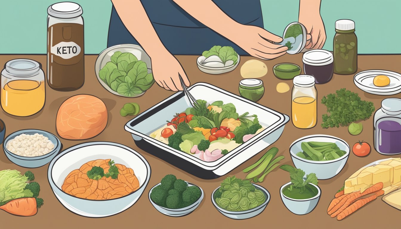 A person preparing a keto-friendly meal with gut-friendly ingredients, surrounded by probiotics and digestive supplements