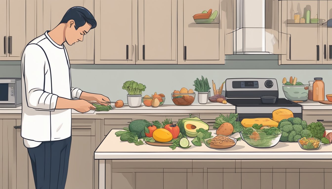 A person preparing and measuring keto-friendly foods while avoiding foods that trigger symptoms of SIBO