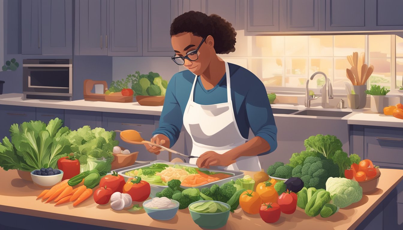 A night shift worker preparing a keto-friendly meal in a well-lit kitchen, surrounded by fresh vegetables, lean proteins, and healthy fats