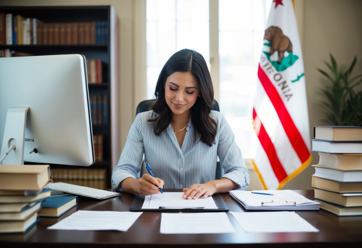 A person filling out a form at a desk with a computer, surrounded by books and papers, with a California flag in the background