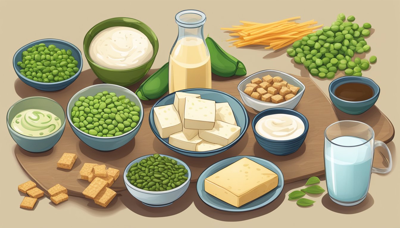 A table with a variety of keto-friendly foods including tofu, edamame, and soy milk