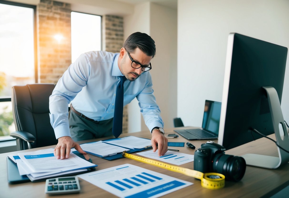 A commercial real estate appraiser carefully examining a property, surrounded by documents and a computer, with a measuring tape and camera nearby