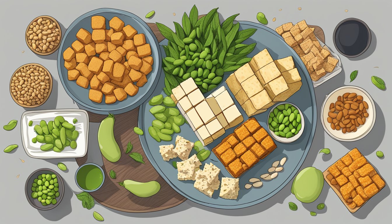 A colorful array of soy-based foods arranged on a plate, including tofu, tempeh, and edamame, with a keto diet infographic in the background