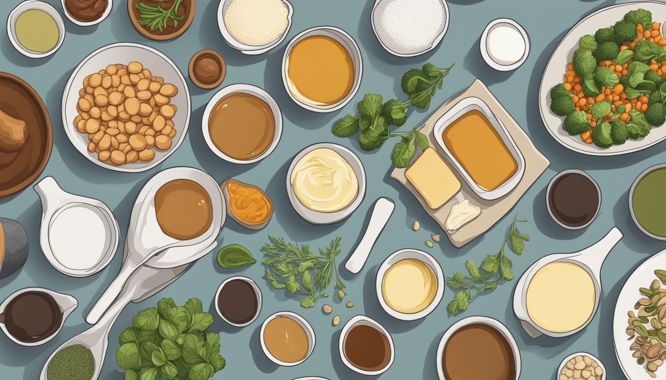 A kitchen scene with various soy-based sauces arranged on a countertop, alongside a list of keto-friendly ingredients