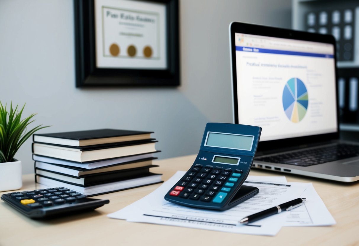 An office desk with a laptop, paperwork, and a calculator. A stack of books on real estate appraisal. A framed certificate on the wall