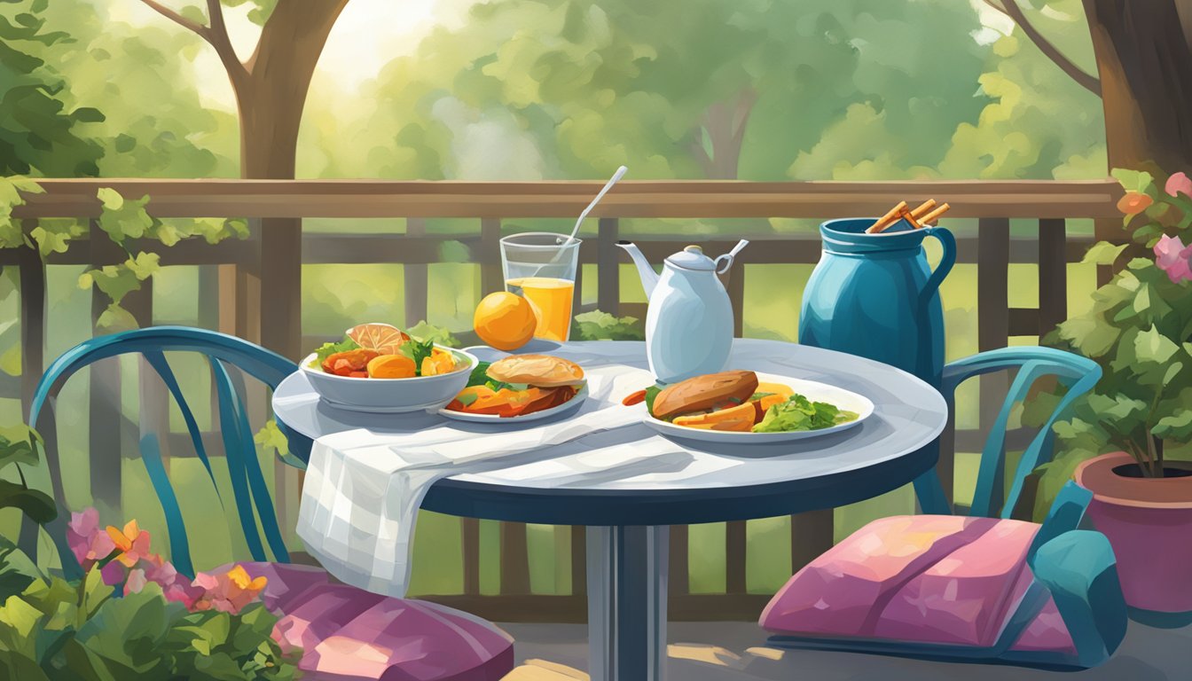 A serene, outdoor setting with a vibrant, healthy meal and a discarded pack of cigarettes