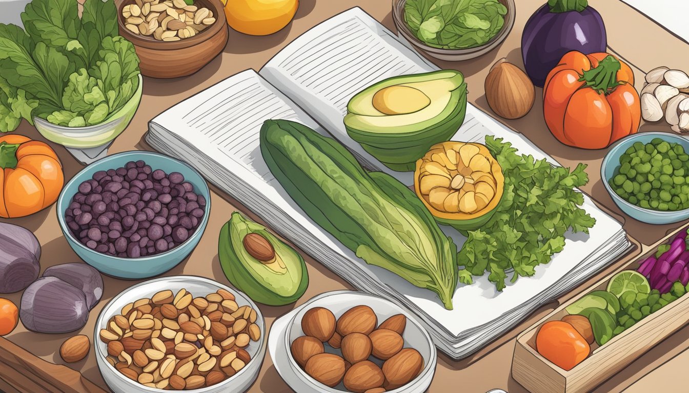 A kitchen counter with a variety of colorful vegetables, nuts, and healthy fats, alongside a cookbook open to a keto recipe