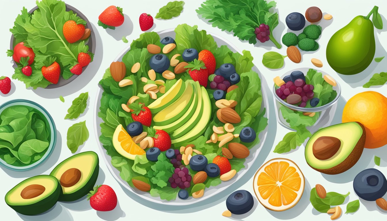 A colorful plate filled with leafy greens, avocados, nuts, and lean proteins, surrounded by vibrant fruits and vegetables