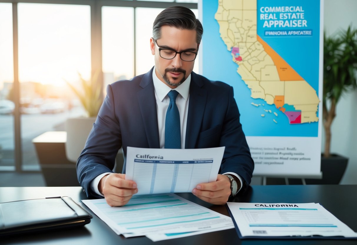 A commercial real estate appraiser studying a California map with financial documents and a license application form on a desk