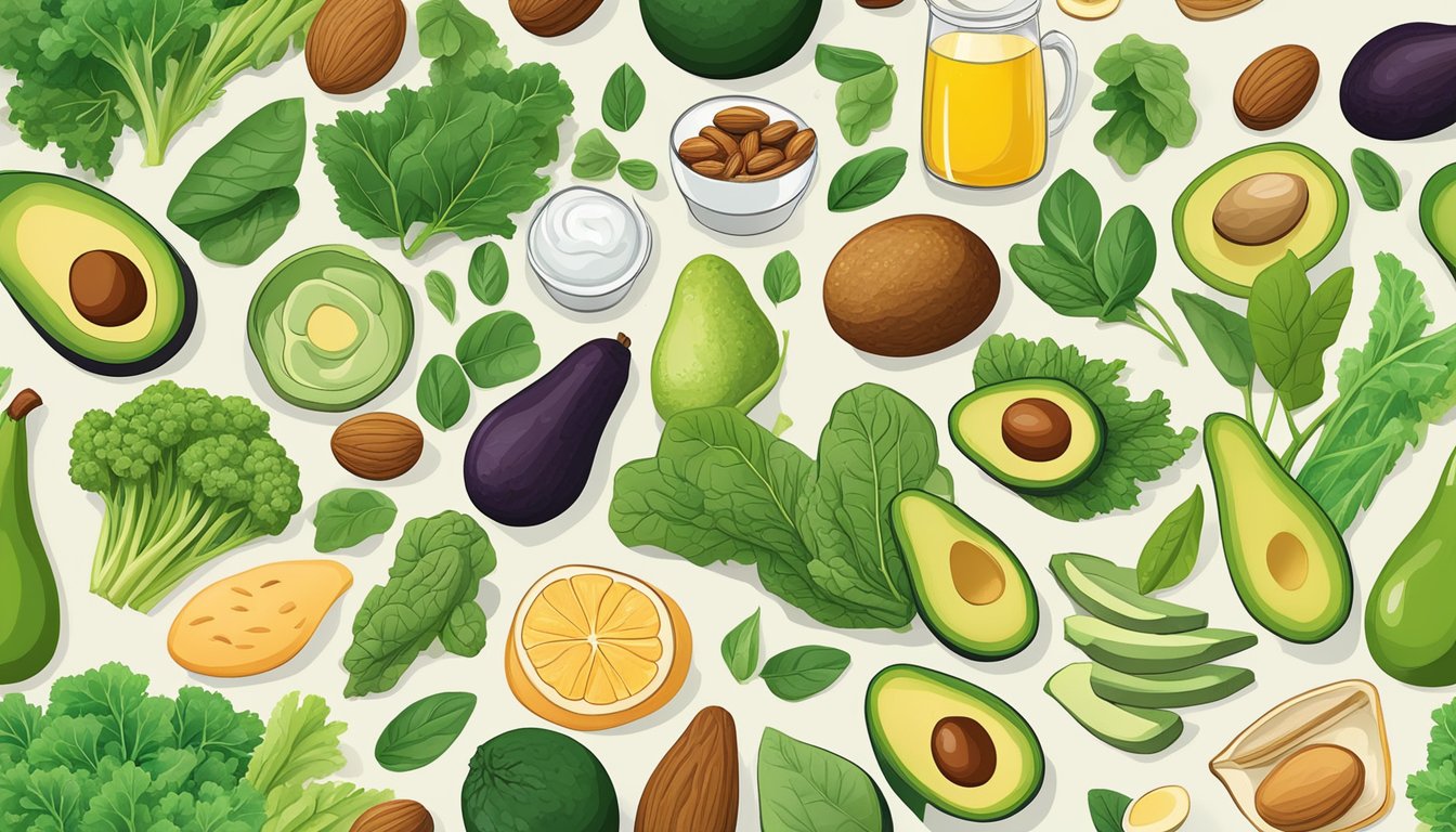 A diverse array of keto-friendly foods, including leafy greens, avocados, and nuts, are surrounded by vibrant, healthy gut bacteria to illustrate the impact of diet on yeast overgrowth