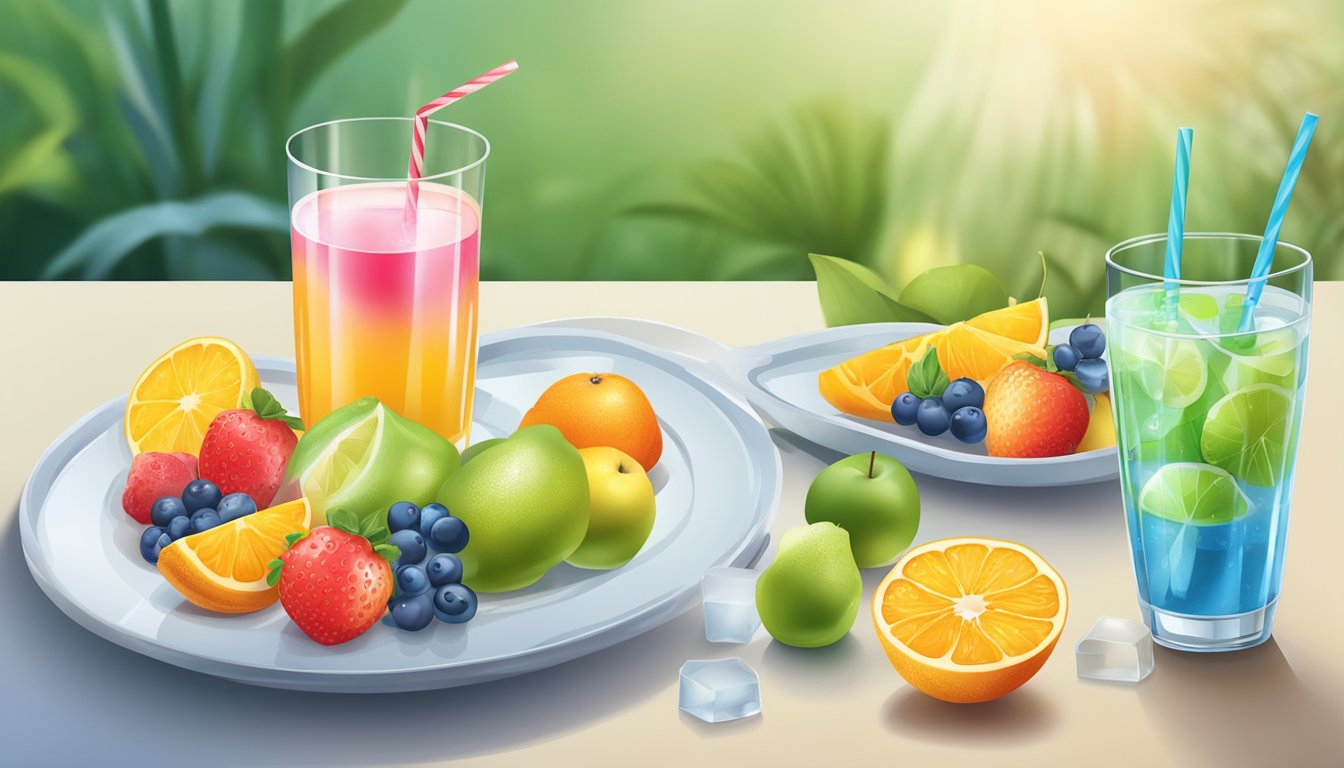 A table set with various sugary drinks next to a glass of water and a plate of fresh fruits