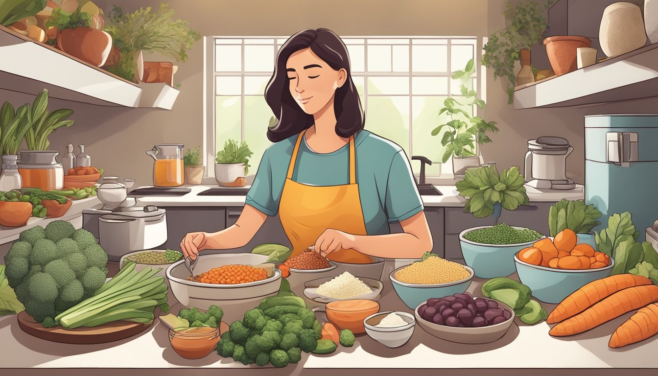 A person preparing a variety of keto-friendly foods while avoiding high-sugar items, with a focus on gut health and probiotic-rich ingredients